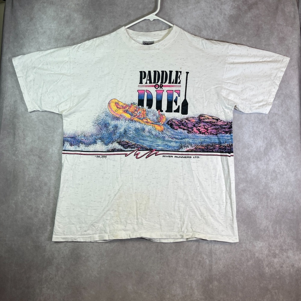 VINTAGE Paddle or Die River Runners Rafting Shirt Adult XL White AOP Tee USA 90s